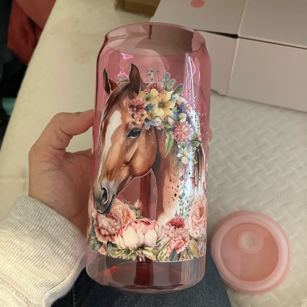 Pink Floral Horse Design Tumbler